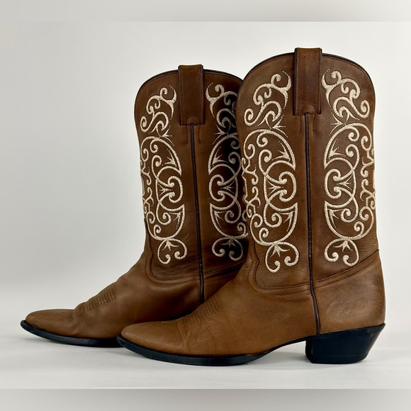 Vintage Tony Lama Women's Cowboy Boots Brown Leather Cream Embroidery Sz 7.5 B - Picture 7 of 14
